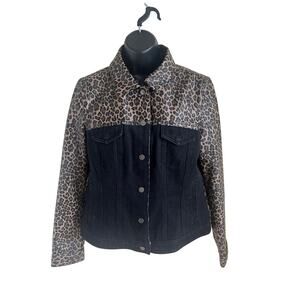Kate & Mallory Leopard Print Black Denim Jacket Women’s‎ Size M